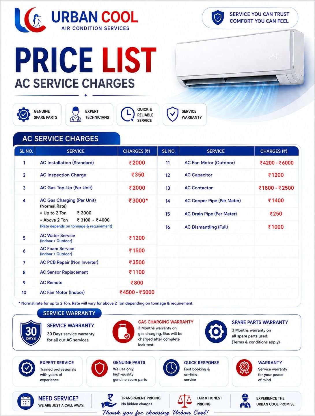 UrbanCool Pricing List